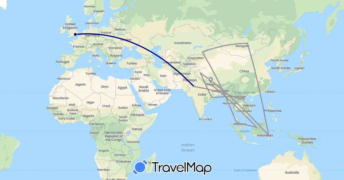 TravelMap itinerary: driving, plane in United Kingdom, Indonesia, India, Kazakhstan, Laos, Mongolia, Malaysia, Nepal, Vietnam (Asia, Europe)